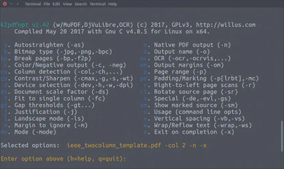 The Linux terminal interface of k2pdfopt.