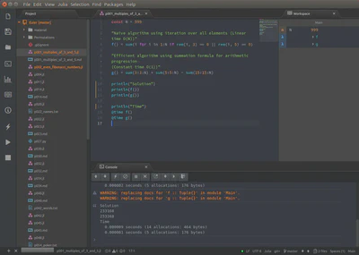 *Project Euler workflow using Julia and Atom. This image shows how to solve problem 1 using naive and efficient algorithm.*